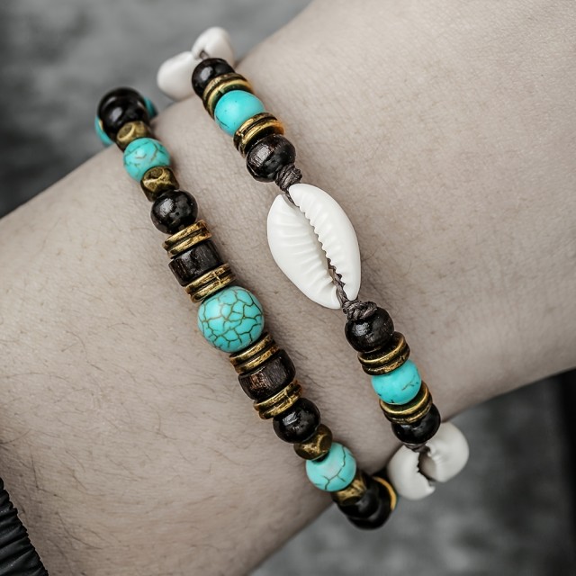 Komplet 2 zapestnic iz kokosove lupine in lesa s retro afriškimi turkiznimi kroglicami