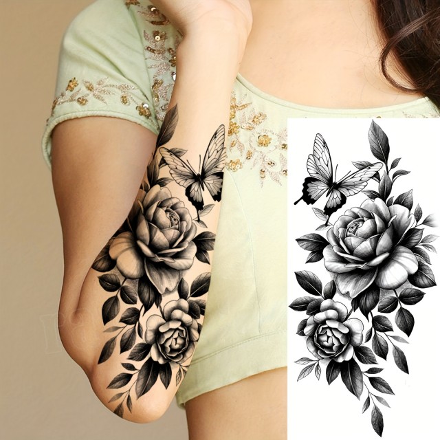 Vodoodporna tatu nalepka z rožami in metuljem