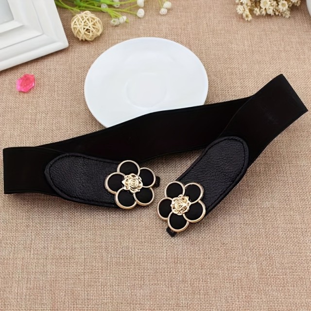 Ženski črni elastični pas z motivom dveh rož