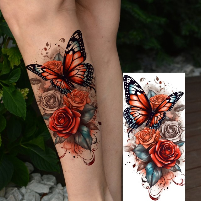 Začasna nalepka s tatujem metulja in rože - vodoodporna