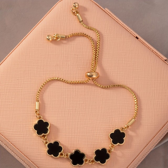 Elegantna zlata zapestnica s črnimi cvetovi – nastavljiva dolžina 2 barvi