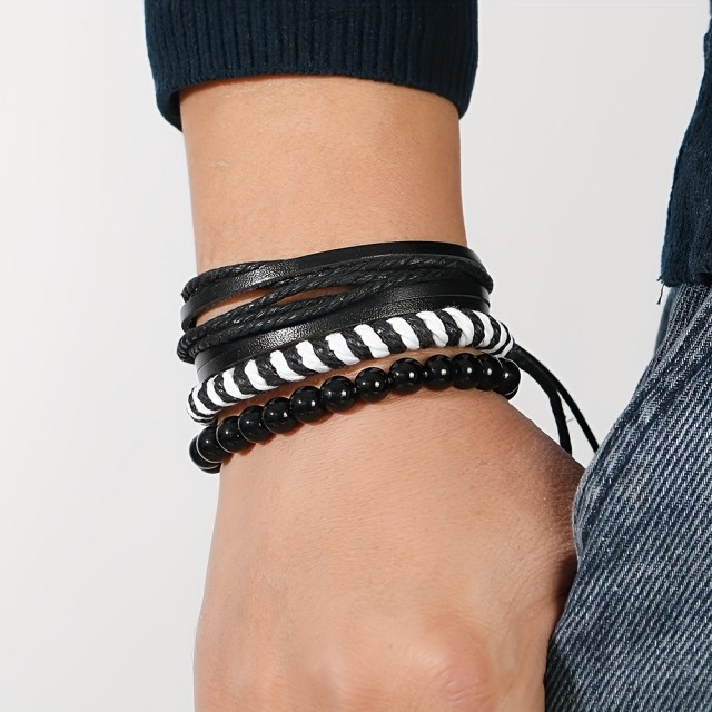 Komplet 3 moških zapestnic v črno beli kombinaciji