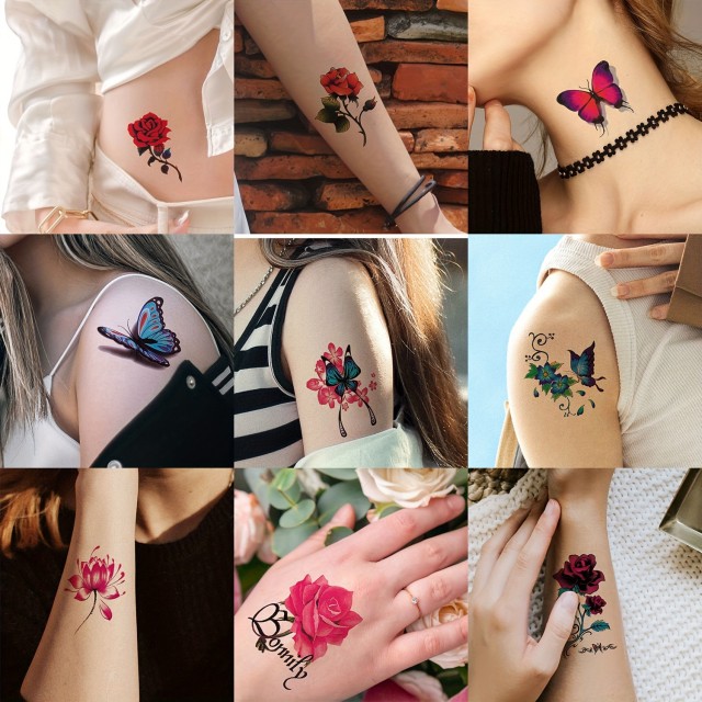 Komplet 72 3D barvitih metuljev in cvetličnih začasnih tetovažnih nalepk