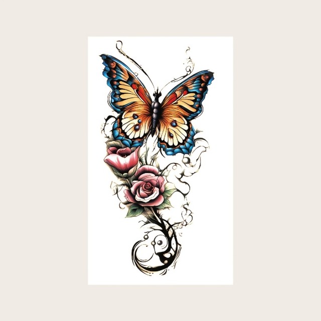 Barvna tatu nalepka z metuljem in rožami
