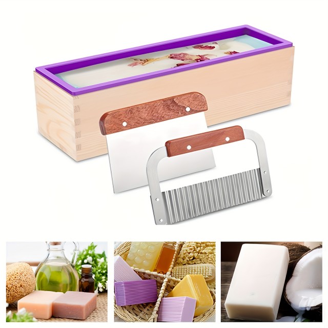 Leseni model s silikonskim vložkom za izdelavo mila in z orodjem za rezanje