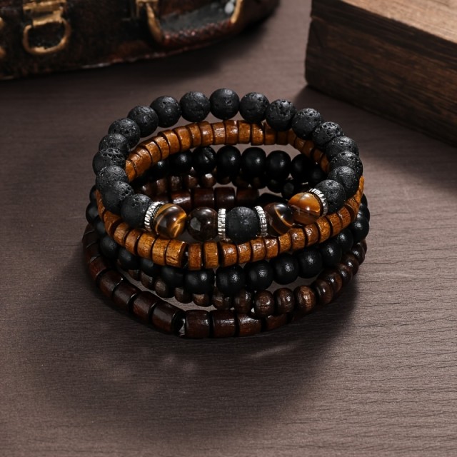 5-delni komplet modnih zapestnic iz lesa s kamnom tigrovo oko