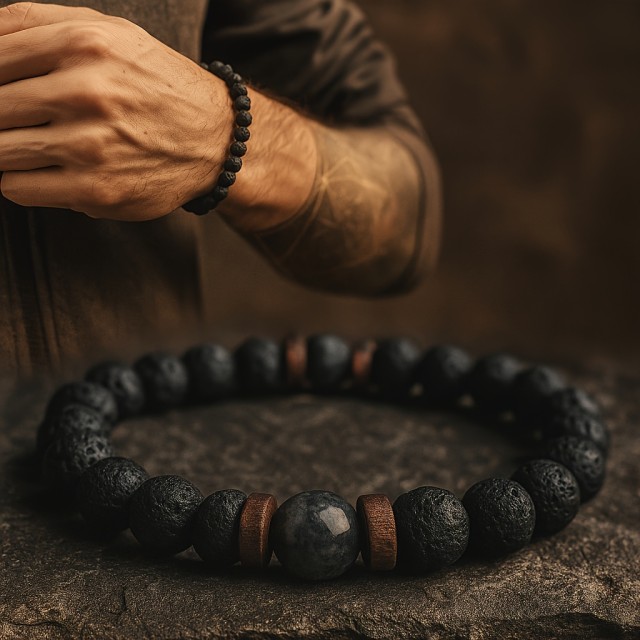 Zapestnica moška z vulkanskimi kamni in lesenimi distančniki 