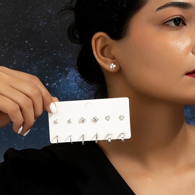 Eleganten komplet 6 parov uhanov srebrne barve