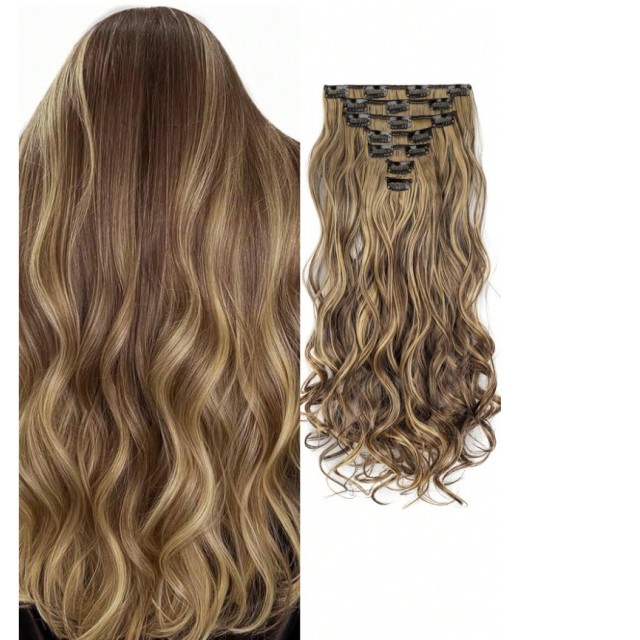 7-delni set lasnih podaljškov – valoviti, temno blond z medenimi prameni