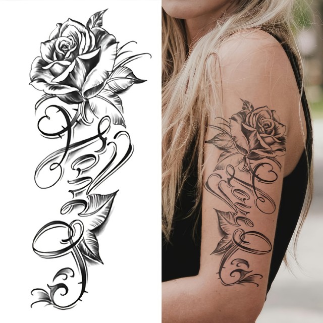 Začasna tattoo nalepka - tetovaža z rožo in napisom LOVE