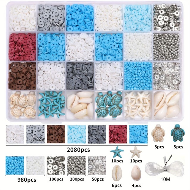 3200-delni komplet za izdelavo nakita, oceanska tema z naravnimi kamni in polimer kroglicami