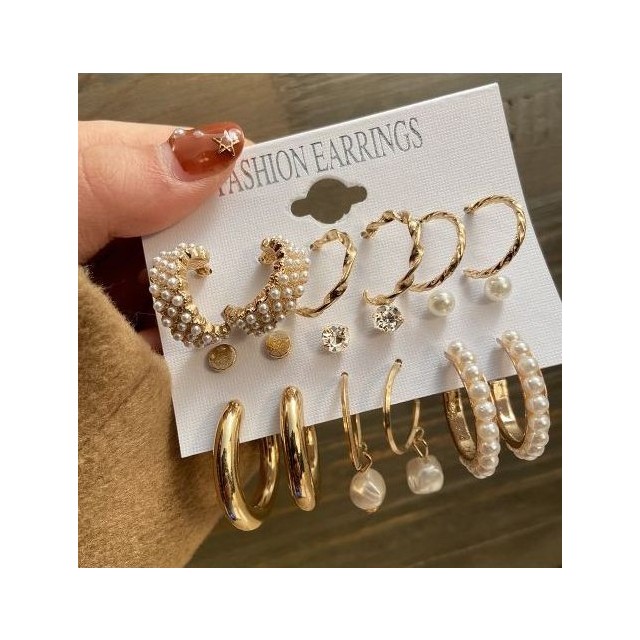 Komplet 6 parov uhančkov, zlati viseči