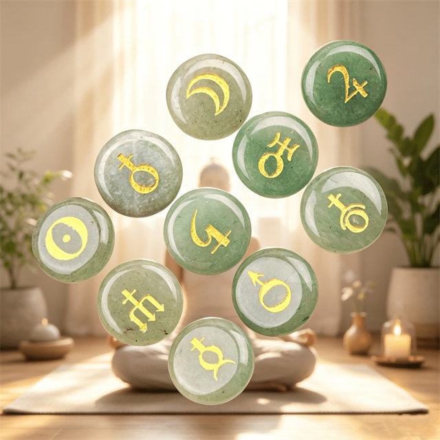 Astrološki kamni iz Zelenega Aventurina – komplet 10 planetarnih simbolov