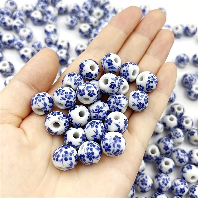 Okrogle keramične perle z modrim cvetličnim vzorcem – 20 kosov