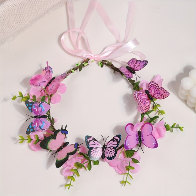 Venec za lase z rožami in metulji roza barve
