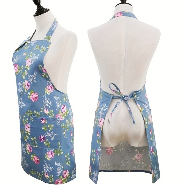 Bombažni predpasnik s cvetličnim vzorcem in žepi