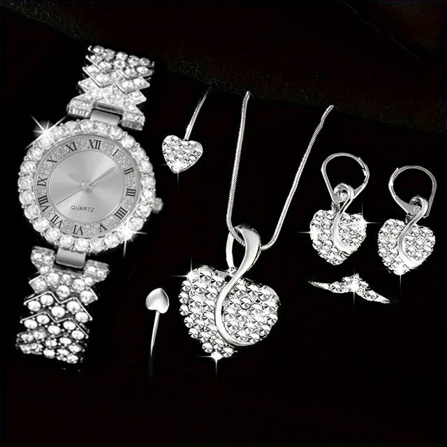 5 delni komplet s kovinsko uro in nakitom v srebrni barvi