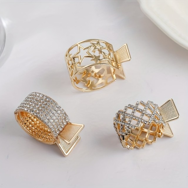 Komplet 3 zlatih sponk za visok čop – zvezdice, mreža in kristalčki