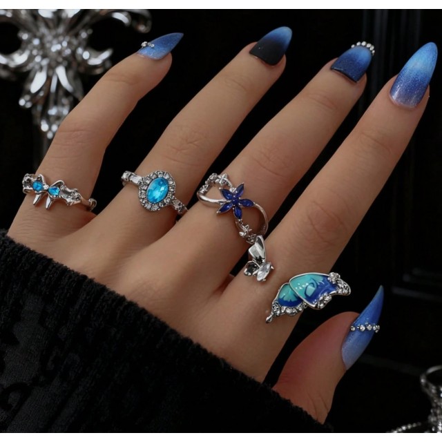 Komplet 4 odprtih modrih prstanov 