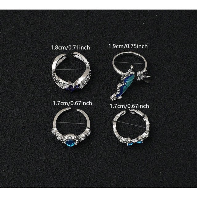 Komplet 4 odprtih modrih prstanov 