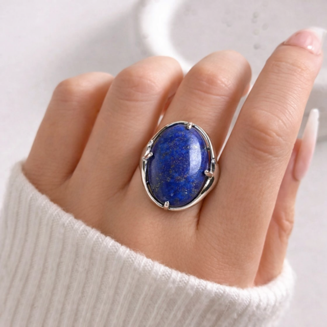 Odprt nastavljiv prstan z naravnim kamnom Lapis Lazuli