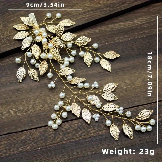 Čudovita lasna sponka v zlati barvi z listki in perlami