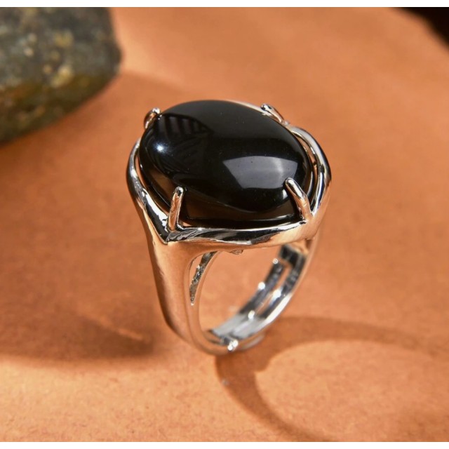 Odprt nastavljiv prstan z naravnim kamnom Obsidian