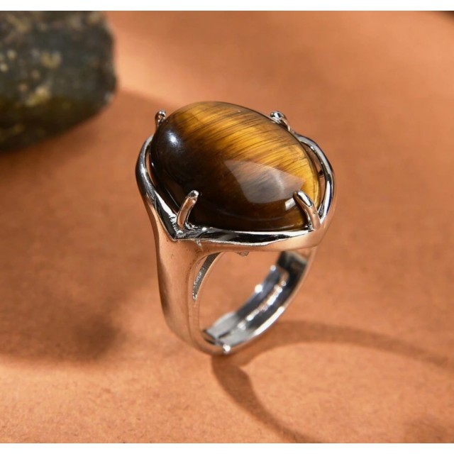 Odprt nastavljiv prstan z naravnim kamnom Tigrovo oko