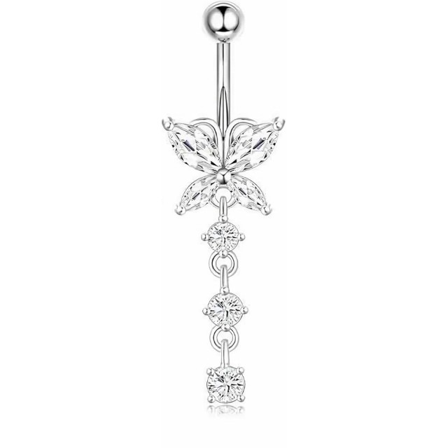 Prelep piercing za popek z metuljem in 3 kristali 