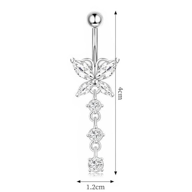 Prelep piercing za popek z metuljem in 3 kristali 