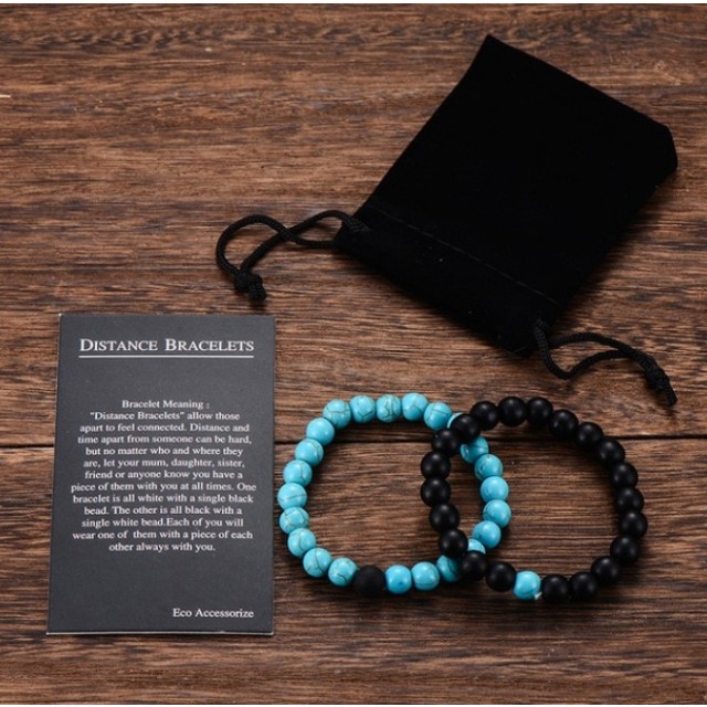 Darilni set 2 zapestnic zanjo in zanj, turkizno modra-črna