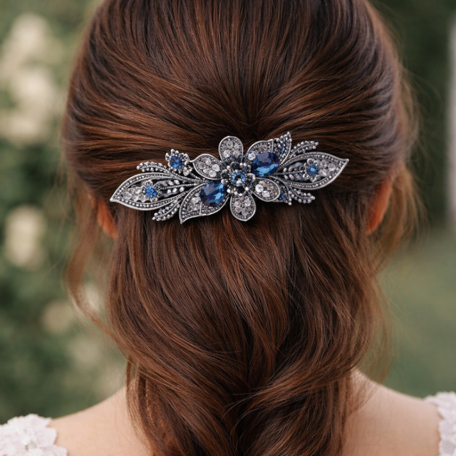 Velika cvetlična sponka za lase z okrasnimi kamenčki