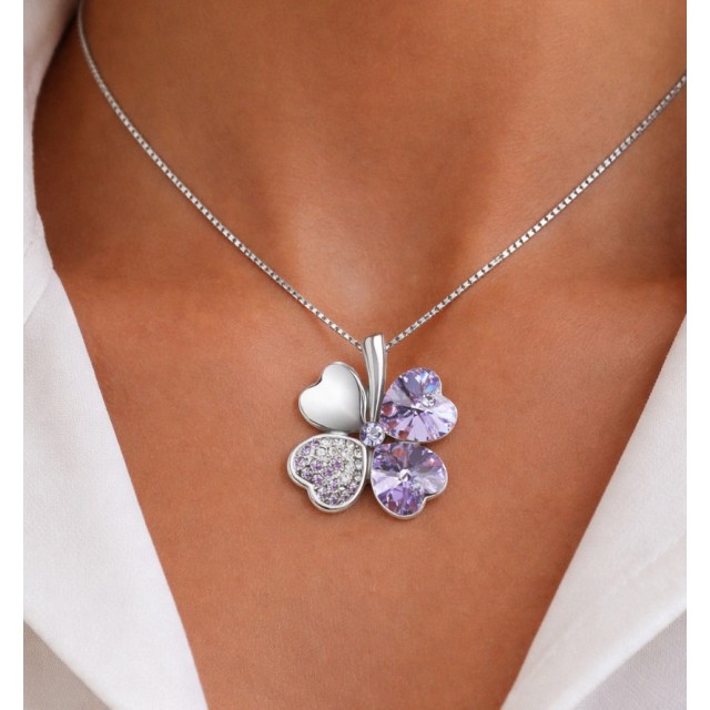 Elegantna verižica z obeskom 4-peresne deteljice, vijolična
