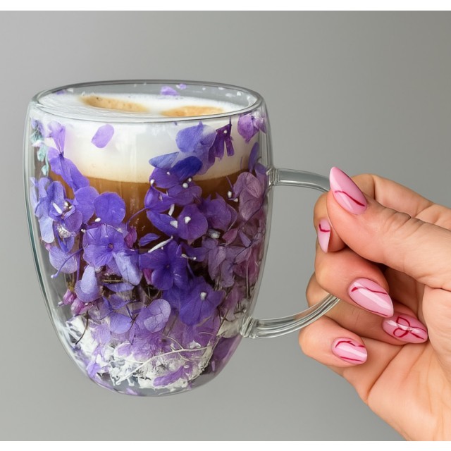 Termo kozarec s cvetjem v notranjosti – gipsofila in hortenzije, 300 ml