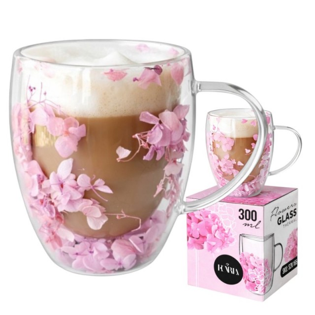 Termo kozarec s cvetjem v notranjosti – gipsofila in hortenzije, 300 ml