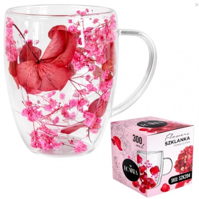 Termo kozarec s cvetjem v notranjosti – roza in rdeči cvetovi gipsofila in hortenzija, 300 ml