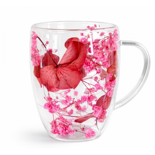 Termo kozarec s cvetjem v notranjosti – roza in rdeči cvetovi gipsofila in hortenzija, 300 ml