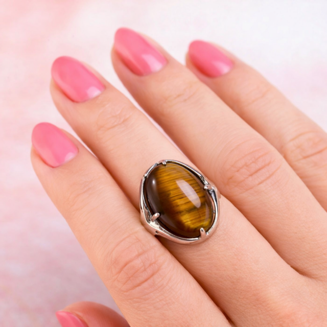 Odprt nastavljiv prstan z naravnim kamnom Tigrovo oko