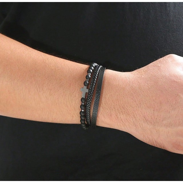 Večdelna moška zapestnica s križem – črna