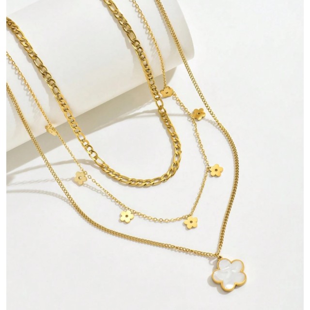 Večdelna ogrlica v zlati bavri z motivom rožic