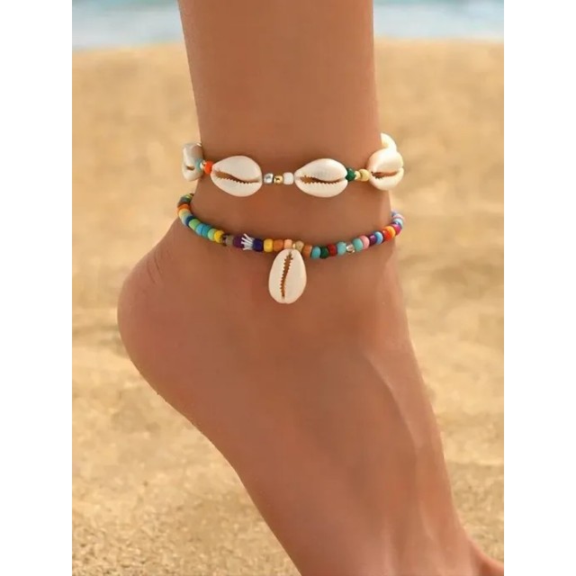 Komplet 2 zapestnic za nogo pisane perlice in školjke