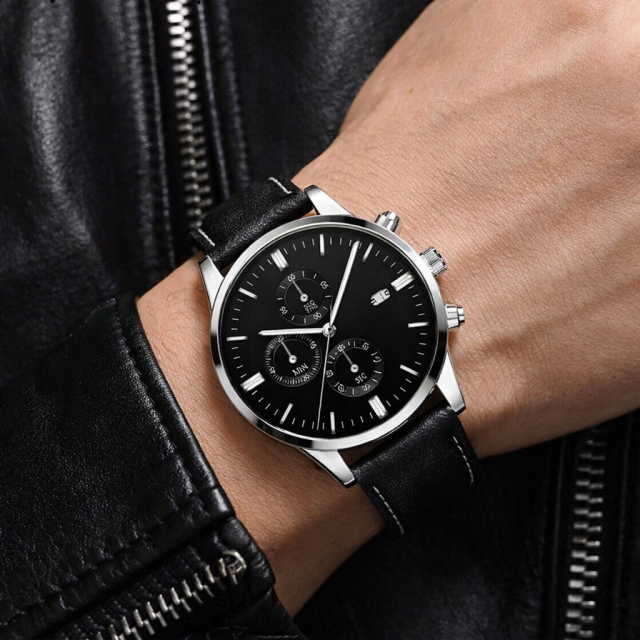 Moška elegantna ura – črna klasika s srebrnim ohišjem