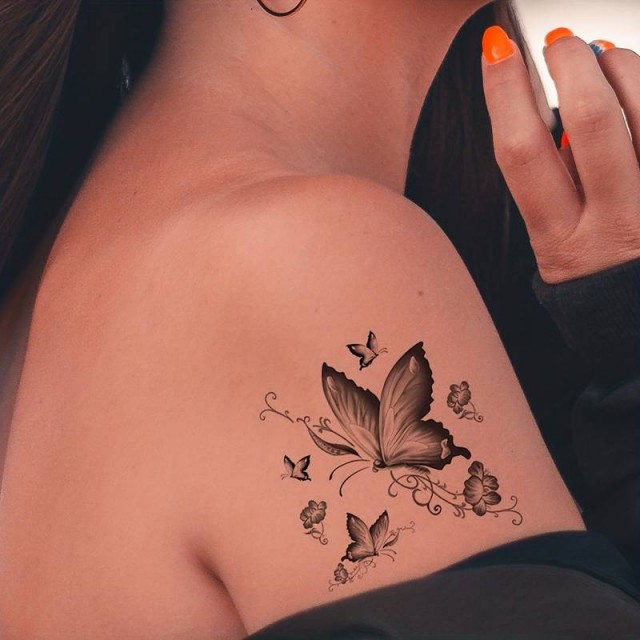 Tatu nalepka črne barve, metulji