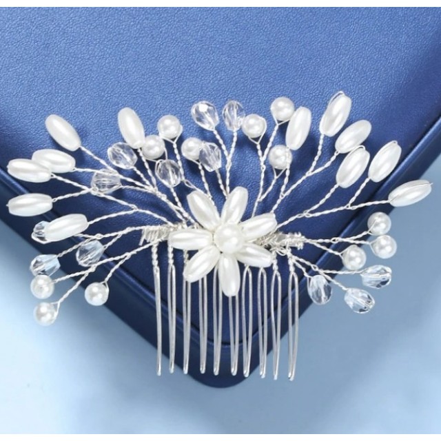 Poročna lasnica/glavnik s perlicami in kristalčki, 2 barvi 