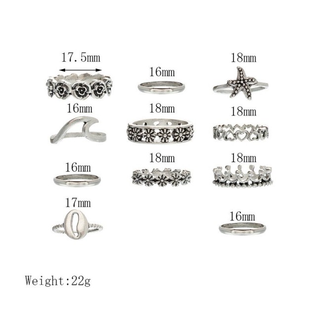 11 delni komplet prstanov v srebrni barvi