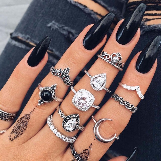 11 delni set prstanov luna, srebrne barve