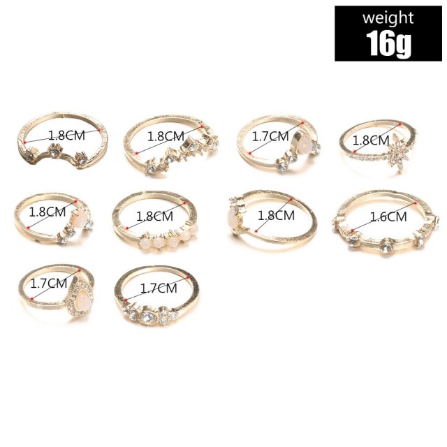 11 delni set prstanov luna, srebrne barve