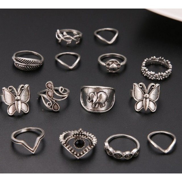 14 delni set prstanov z metuljckom, srebrne barve