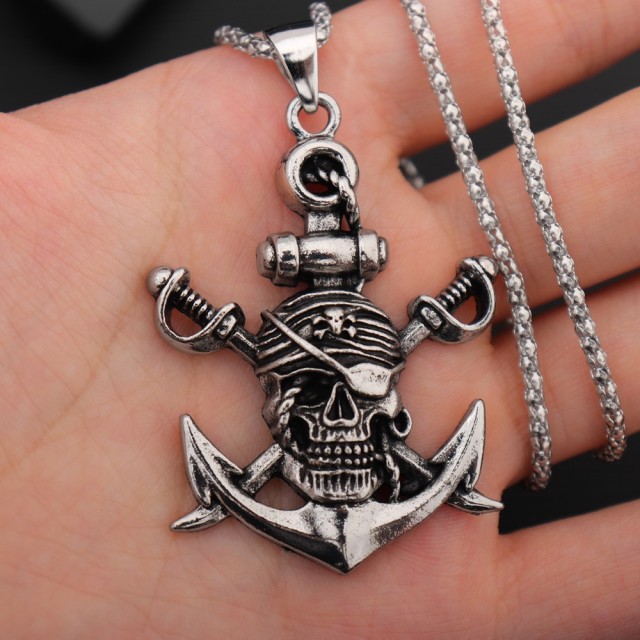 Moška piratska ogrlica s sidrom in lobanjo