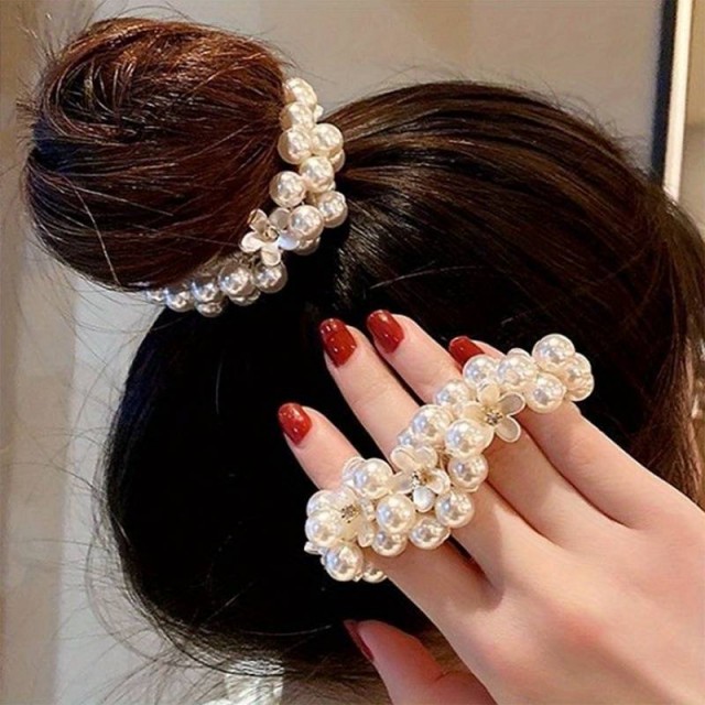 Nedrseča gumica za lase s perlicami in rožami